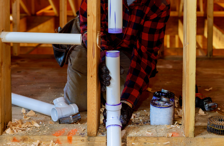 Plumber installing primer and glue PVC pipe