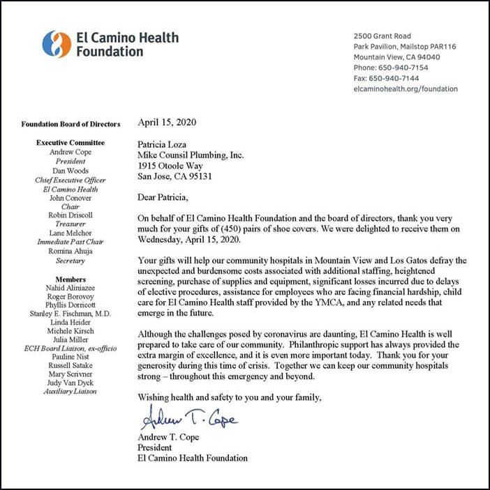 Mike Counsil Plumbing EL Camino Health Foundation letter